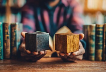 Hands holding two wooden cubes, one dark, one light, in front of books