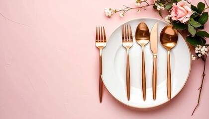 Rose gold cutlery on a white plate, set against a soft pink background, with sprigs of flowers