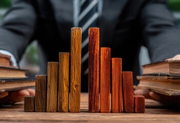 Wooden bar graph, possibly representing declining data, held by hands in business attire, with old books in the background