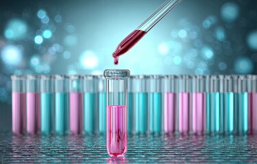 Red liquid drops into test tube, surrounded by others