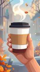 A hand holding a warm coffee cup, steam rising, against a backdrop of autumnal colors and a city scene.