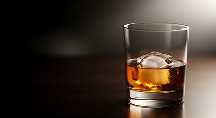 Elegant presentation of whiskey with a single ice cube in a tumbler glass