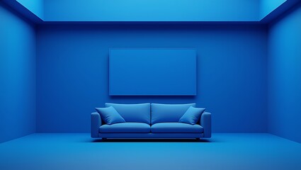 Immersive blue room with modern sofa and wall art for contemporary interior design concepts