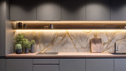 Modern kitchen with gray cabinets and a gold-veined stone backsplash