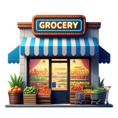 Charming corner grocery store front with fresh produce displayed outdoors