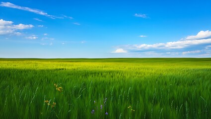 Fototapeta premium Vast green field under a bright blue sky with wispy clouds horizon nature landscape