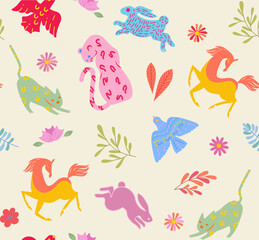 Trendy seamless pattern with animals, flowers and leaves. Vector illustration for fashion print , background, wallpaper, decorative paper and other design