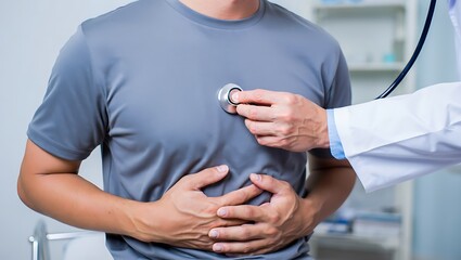 Doctor performing medical examination on patient using stethoscope for heart and abdomen checkup