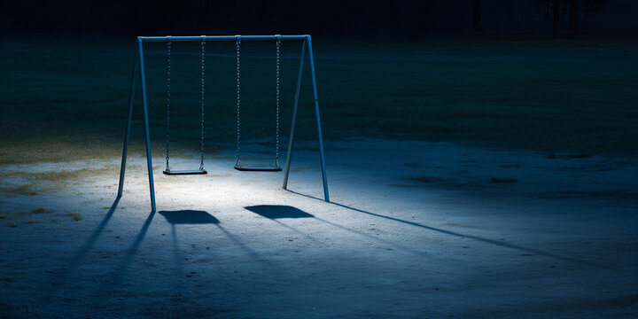 A hauntingly beautiful image of an empty swing set under a dramatic spotlight at night, evoking a sense of stillness and solitude.