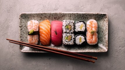 Rectangular plate of assorted sushi, including nigiri and rolls, with chopsticks