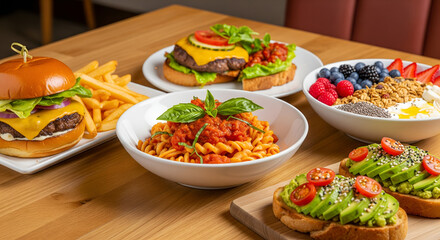 Delicious and healthy breakfast spread with burgers pasta and fruit bowl