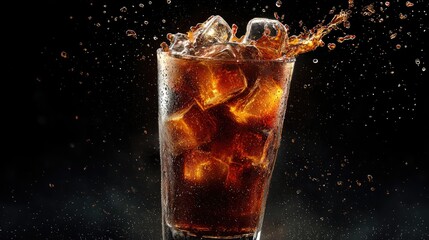 Dark soda glass with ice cubes and splashing liquid
