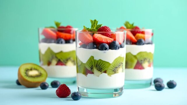 Delicious layered fruit parfait dessert: kiwi, berries, and yogurt in a vibrant presentation