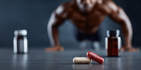 A strong man is doing push-ups on the floor with sports supplements. He is muscular and has a focus. There are two bottles of supplement and two capsules in front of him