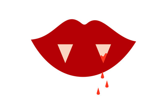 Red vampire lips with fangs and blood drops illustration, Halloween horror icon, gothic mouth design, spooky October symbol, minimalist vector style graphic for party, costume, supernatural theme