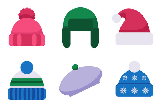 Winter hat vector collection, colorful knitted caps with pom poms, seasonal warm headwear illustrations, holiday accessories, cozy fashion art, festive design graphics