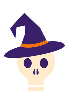 Cartoon Halloween skull with a witch hat. A spooky and whimsical graphic illustration for seasonal designs, parties, and trick-or-treat events and designs. High resolution PNG