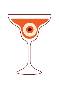 Spooky Halloween cocktail with an eyeball, margarita glass. Mystical potion drink for autumn, party, celebration, festive bar menu, nightlife beverage, and seasonal graphic design. High resolution PNG