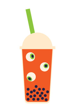 Halloween bubble tea PNG with orange cup, green straw, eyeballs, and boba pearls. Fun spooky drink illustration for party decor, stickers, decoration, menu and seasonal designs. High resolution PNG