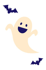 Happy, friendly ghost with bats illustration, Halloween character design, spooky cartoon mascot. Perfect for festive designs, posters for October, trick treat, holiday decoration. High resolution PNG