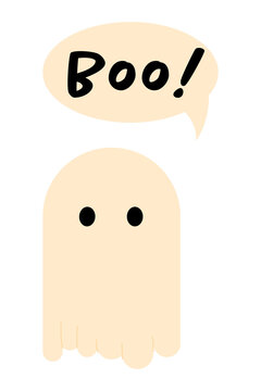 Fun ghost saying BOO speech bubble illustration, Halloween character design, spooky cartoon mascot, Perfect for festive designs, posters for October, trick treat, holiday decoration. High res PNG