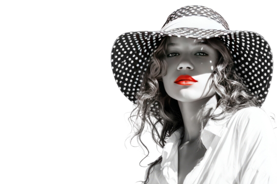 Woman in a large hat, black and white with red lips