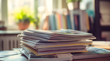 Fototapeta premium Cluttered desk with stacks of papers in office environment