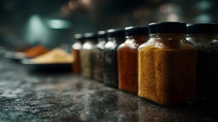 Vibrant assortment of spices in glass jars on a professional kitchen counter illuminated by warm inviting light