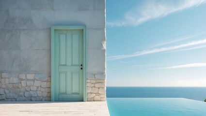 Tranquil turquoise door opens to a serene infinity pool overlooking the vast blue ocean and sky