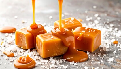 Melted caramel candies drip over salted caramel squares on a textured surface, showcasing a rich, golden hue.