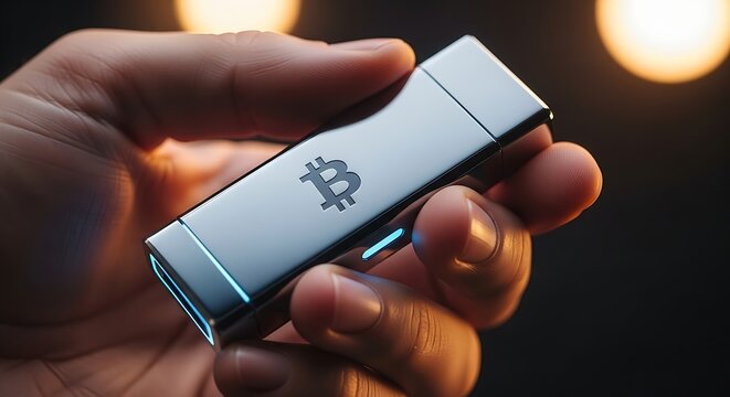 Hand holding metallic Bitcoin hardware wallet with glowing lights — close-up