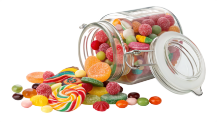 Glass jar filled with assorted candy cut out on PNG. AI GENERATED.
