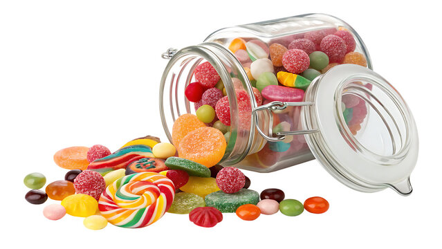Glass jar filled with assorted candy cut out on PNG. AI GENERATED.
