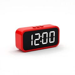 Bright red modern digital alarm clock displaying 1200 time on a clean surface