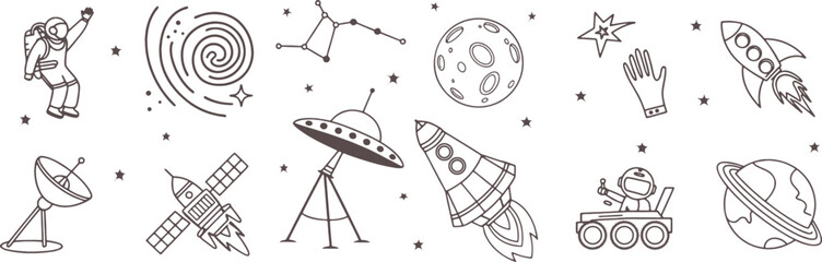 Seamless space illustration with astronauts, planets, satellites, telescopes, and cosmic symbols. Modern astronomy doodle background for science, fabric, and digital design. Vector line art