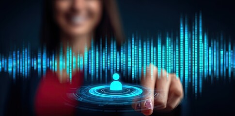 Woman interacting with a holographic user interface displaying sound waves and a person icon