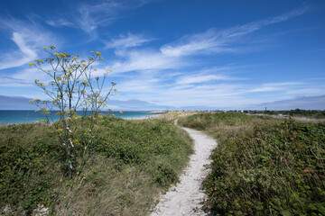 Summer day at Plage du Vougot, Guissény, Les Abers, France. Scenic Atlantic coast beach with golden sand, turquoise sea, and clear blue sky in a peaceful seaside landscape.