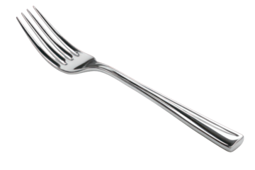 A single, stainless steel dinner fork