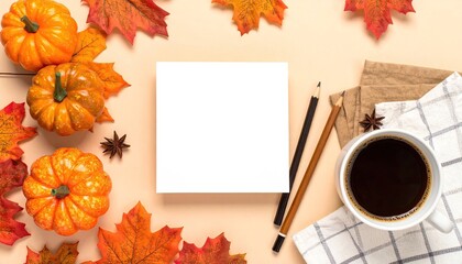 Autumnal workspace mockup with blank paper