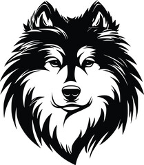 Fototapeta premium Samoyed head silhouette with fluffy fur, pointed ears, and cheerful expression in black vector