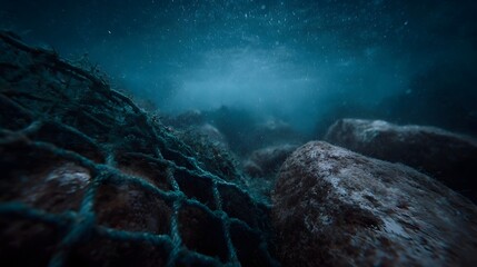A discarded fishing net rests entangled on rugged rocks on the ocean floor bathed in the dim mysterious light of the deep blue sea