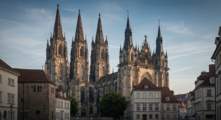 Fototapeta premium Gothic cathedral facade, framed by historic buildings, bathed in soft morning light
