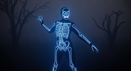 Ethereal Skeleton Figure in Foggy Landscape