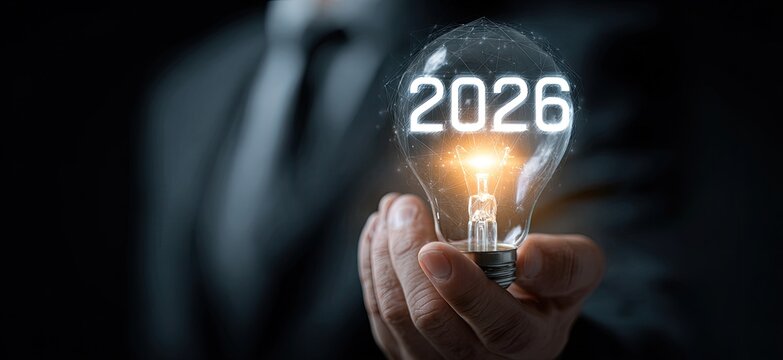 Businessman holds illuminated lightbulb with the year 2026 displayed, symbolizing future ideas and innovation