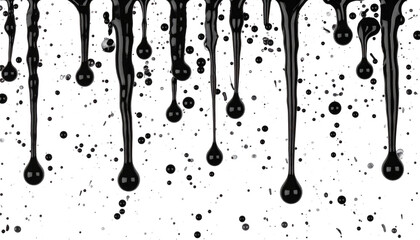 Imagen hiperrealista de un fondo transparente, con pintura negra cayendo desde la parte superior. La pintura se desliza en gotas y chorros, creando salpicaduras y efectos de fluido realistas