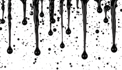 Imagen hiperrealista de un fondo transparente, con pintura negra cayendo desde la parte superior. La pintura se desliza en gotas y chorros, creando salpicaduras y efectos de fluido realistas