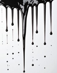 Imagen hiperrealista de un fondo completamente blanco, con pintura negra cayendo desde la parte superior. La pintura se desliza en gotas y chorros, creando salpicaduras y efectos de fluido realistas
