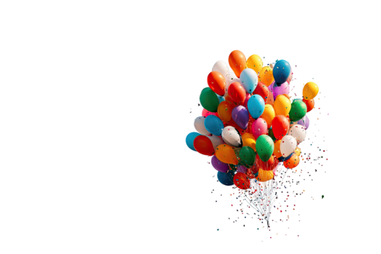 Colorful balloons cluster in mid-air, confetti scattering