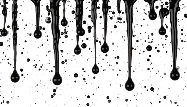 Imagen hiperrealista de un fondo transparente, con pintura negra cayendo desde la parte superior. La pintura se desliza en gotas y chorros, creando salpicaduras y efectos de fluido realistas