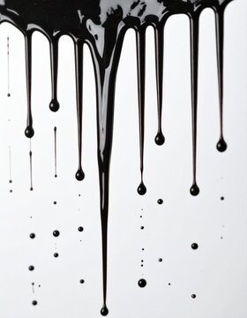 Imagen hiperrealista de un fondo completamente blanco, con pintura negra cayendo desde la parte superior. La pintura se desliza en gotas y chorros, creando salpicaduras y efectos de fluido realistas